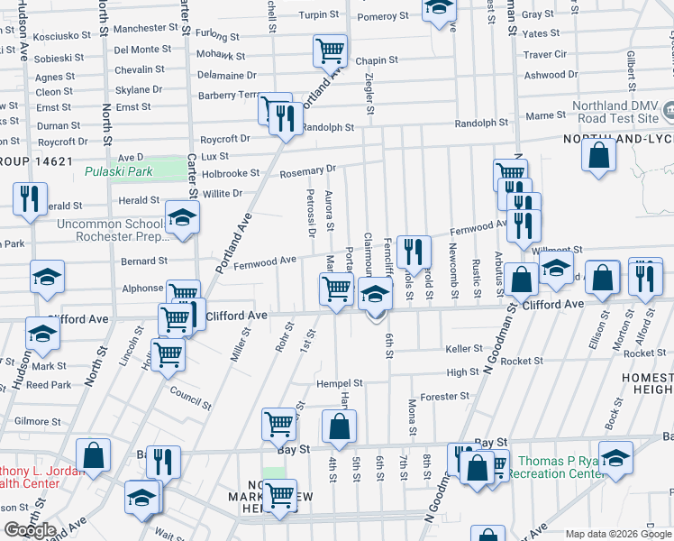 map of restaurants, bars, coffee shops, grocery stores, and more near in Rochester