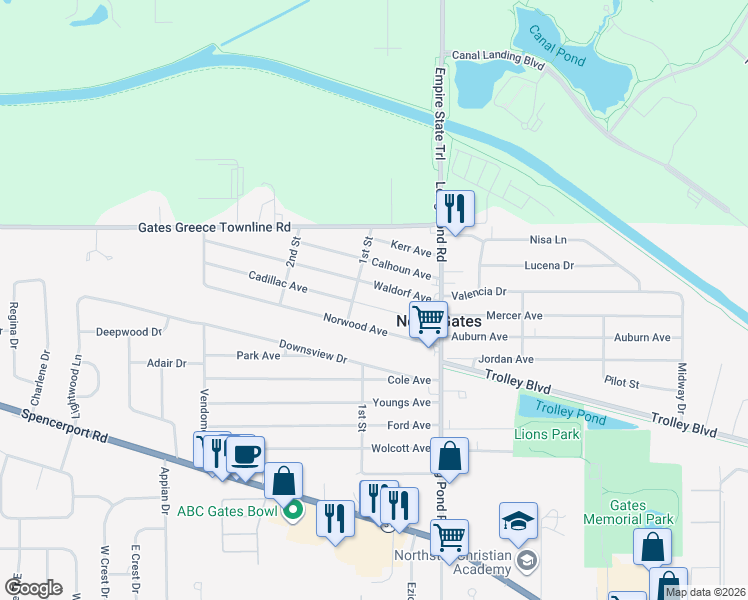 map of restaurants, bars, coffee shops, grocery stores, and more near 91 Waldorf Avenue in Rochester