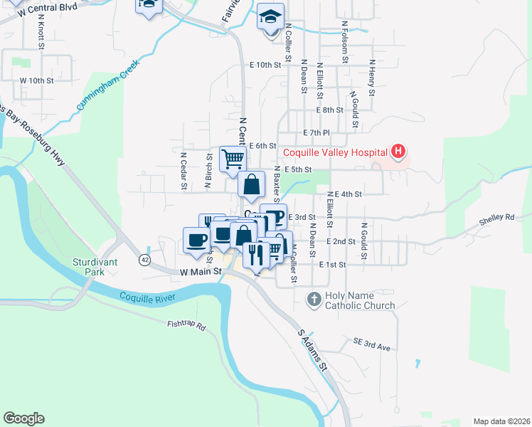 map of restaurants, bars, coffee shops, grocery stores, and more near 150 East 3rd Street in Coquille
