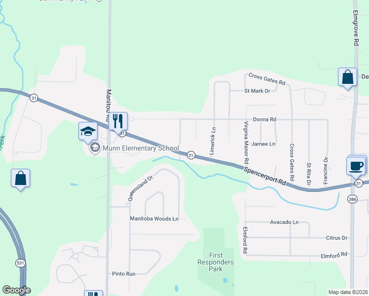 map of restaurants, bars, coffee shops, grocery stores, and more near 12 Crystal Court in Rochester