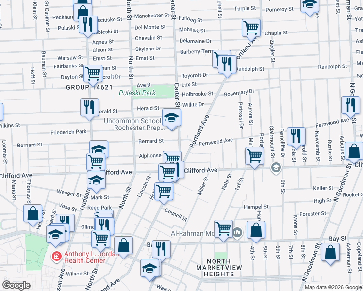 map of restaurants, bars, coffee shops, grocery stores, and more near 550 Bernard Street in Rochester