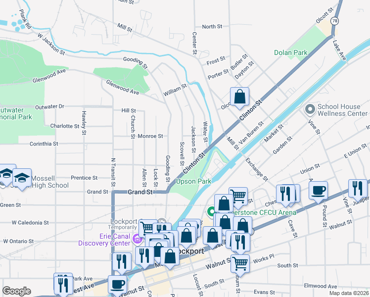 map of restaurants, bars, coffee shops, grocery stores, and more near 49 Scovell Street in Lockport
