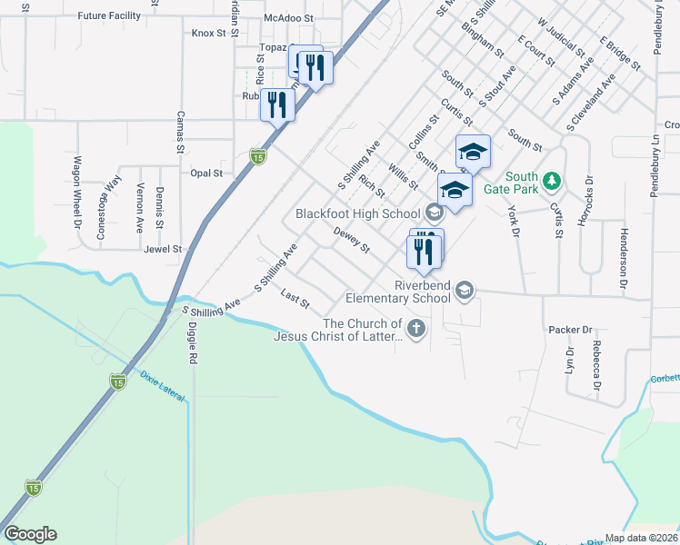 map of restaurants, bars, coffee shops, grocery stores, and more near 228 Collins Street in Blackfoot