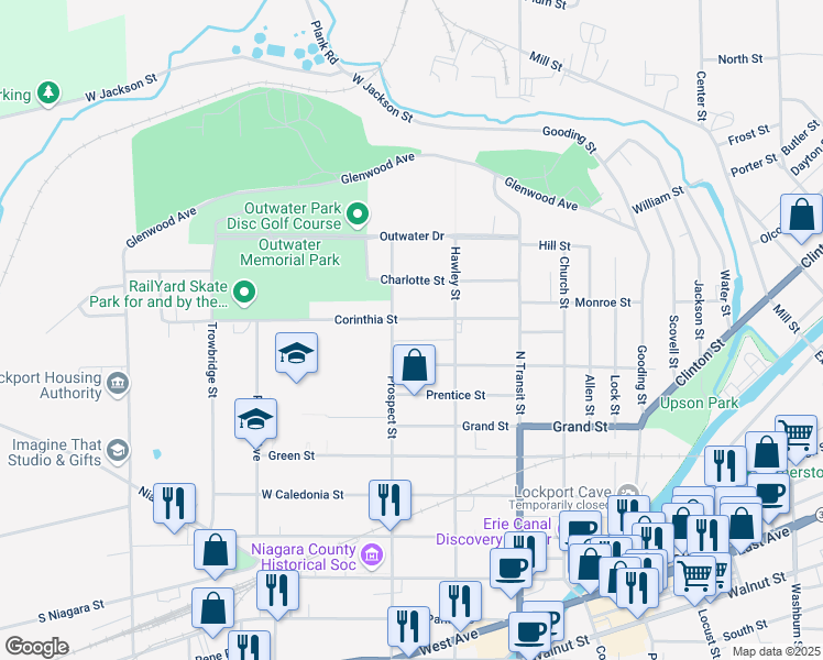 map of restaurants, bars, coffee shops, grocery stores, and more near 87 Corinthia Street in Lockport