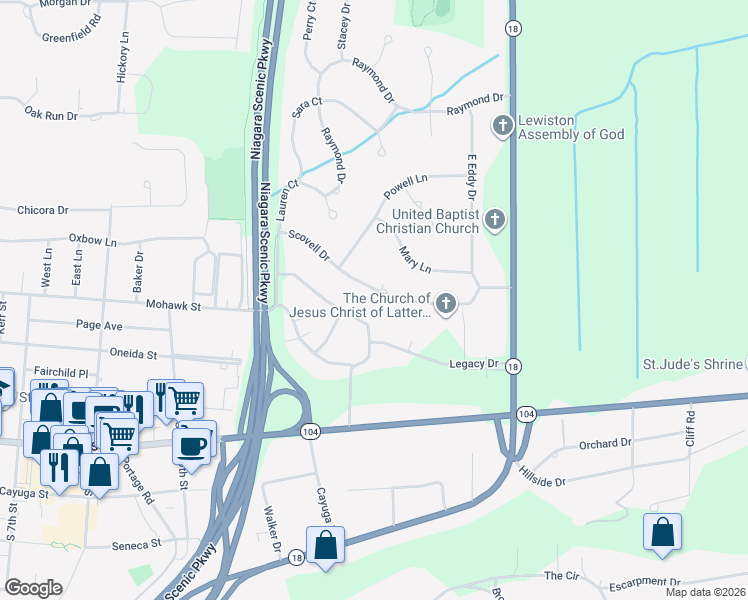 map of restaurants, bars, coffee shops, grocery stores, and more near 721 Scovell Drive in Lewiston