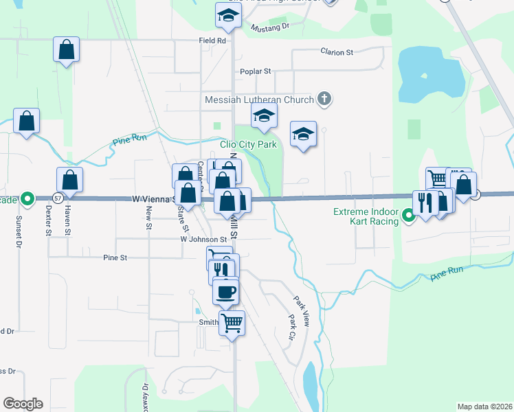 map of restaurants, bars, coffee shops, grocery stores, and more near 133 East Vienna Street in Clio