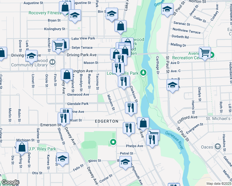 map of restaurants, bars, coffee shops, grocery stores, and more near 102 Glenwood Avenue in Rochester
