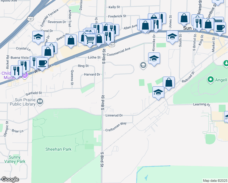map of restaurants, bars, coffee shops, grocery stores, and more near 708 Frances Court in Sun Prairie