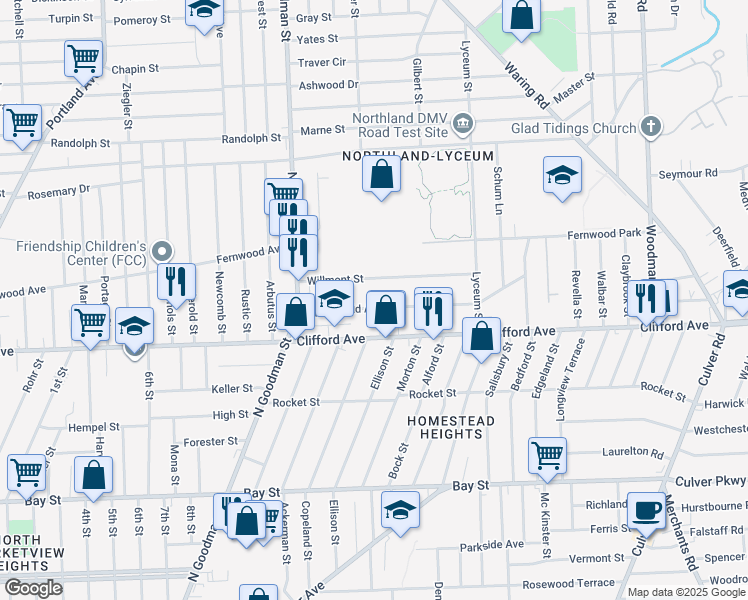 map of restaurants, bars, coffee shops, grocery stores, and more near 109 Willmont Street in Rochester