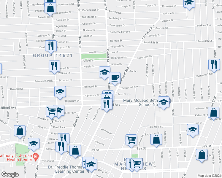 map of restaurants, bars, coffee shops, grocery stores, and more near 550 Bernard Street in Rochester