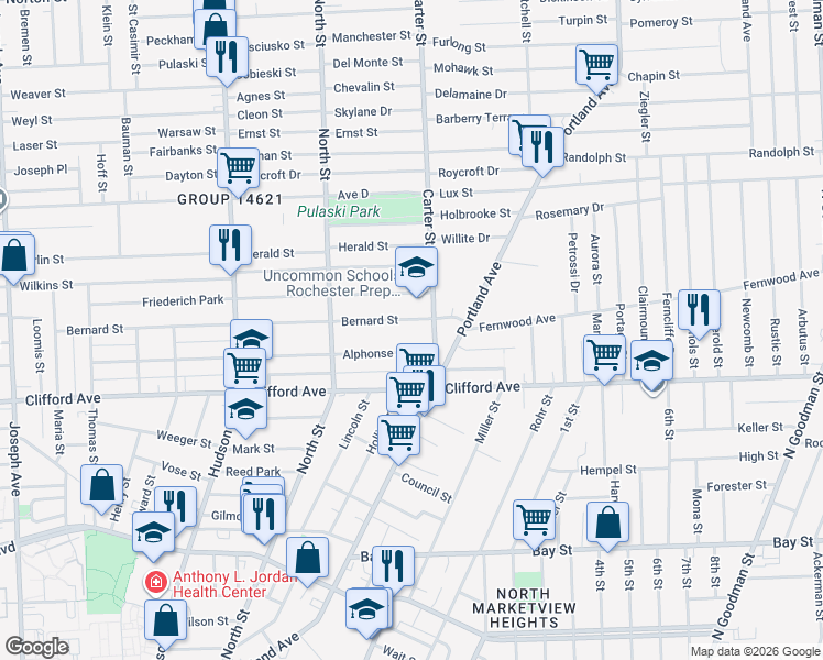 map of restaurants, bars, coffee shops, grocery stores, and more near 495 Bernard Street in Rochester