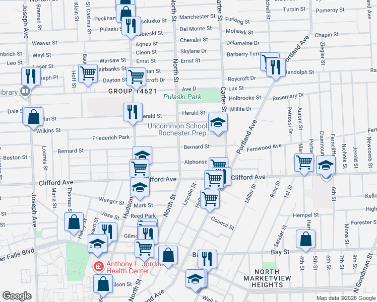 map of restaurants, bars, coffee shops, grocery stores, and more near 1044 North Street in Rochester