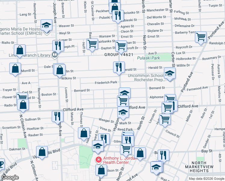 map of restaurants, bars, coffee shops, grocery stores, and more near 709 Hudson Avenue in Rochester