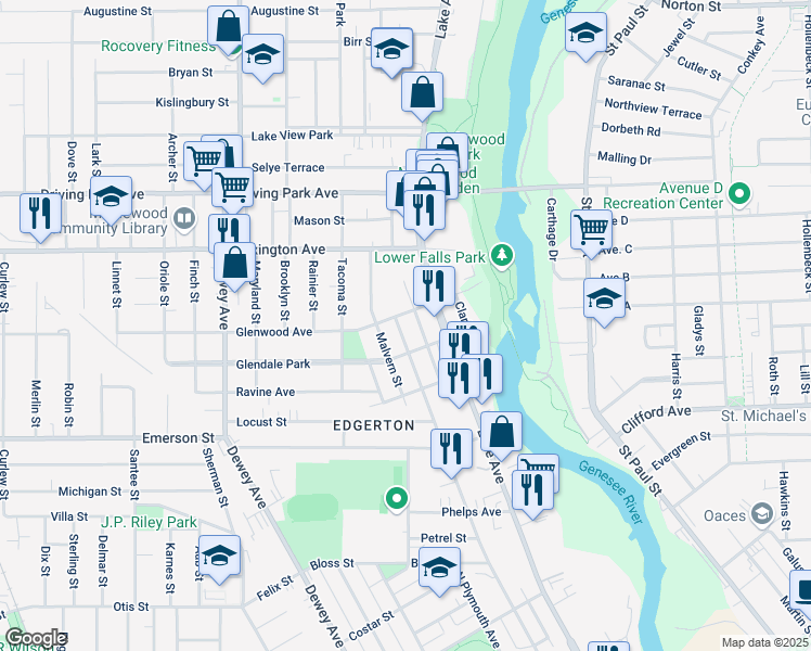 map of restaurants, bars, coffee shops, grocery stores, and more near 102 Glenwood Avenue in Rochester