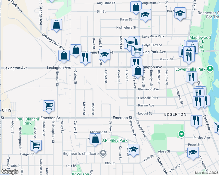map of restaurants, bars, coffee shops, grocery stores, and more near 39 Admiral Park in Rochester