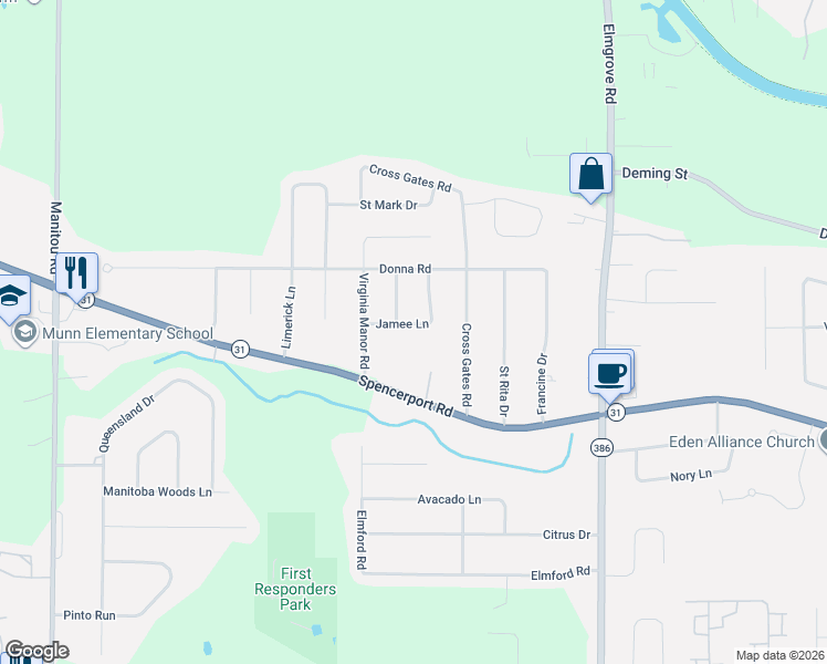 map of restaurants, bars, coffee shops, grocery stores, and more near 17 Jamee Lane in Rochester