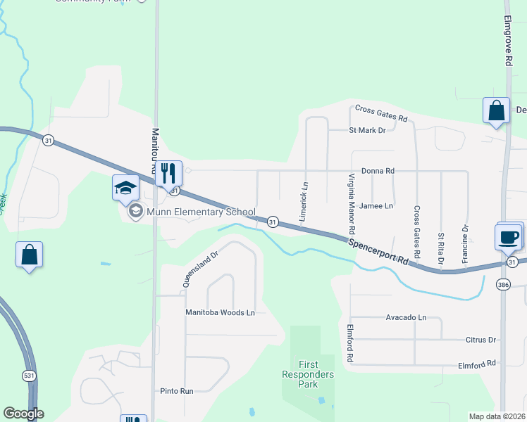 map of restaurants, bars, coffee shops, grocery stores, and more near 12 Crystal Court in Rochester