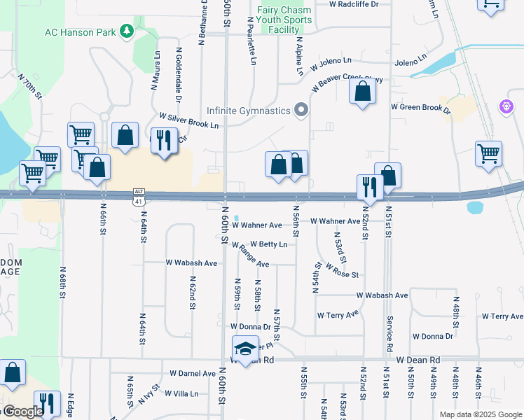 map of restaurants, bars, coffee shops, grocery stores, and more near 5901 West Brown Deer Road in Brown Deer