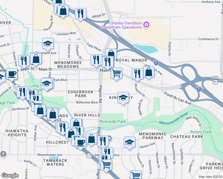map of restaurants, bars, coffee shops, grocery stores, and more near N87W15500 Kings Highway in Menomonee Falls
