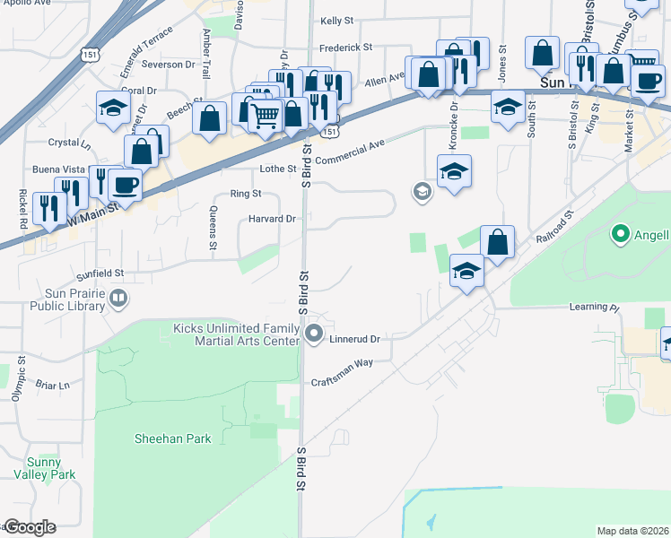 map of restaurants, bars, coffee shops, grocery stores, and more near 708 Frances Court in Sun Prairie