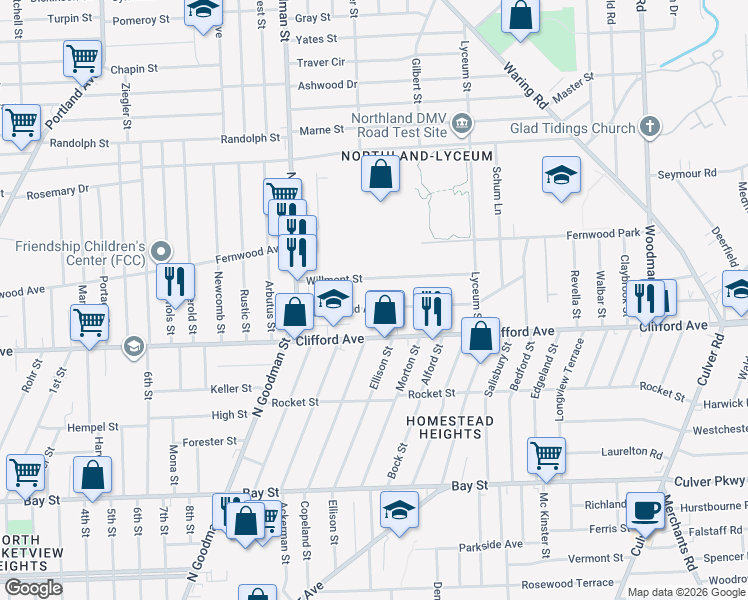 map of restaurants, bars, coffee shops, grocery stores, and more near 109 Willmont Street in Rochester