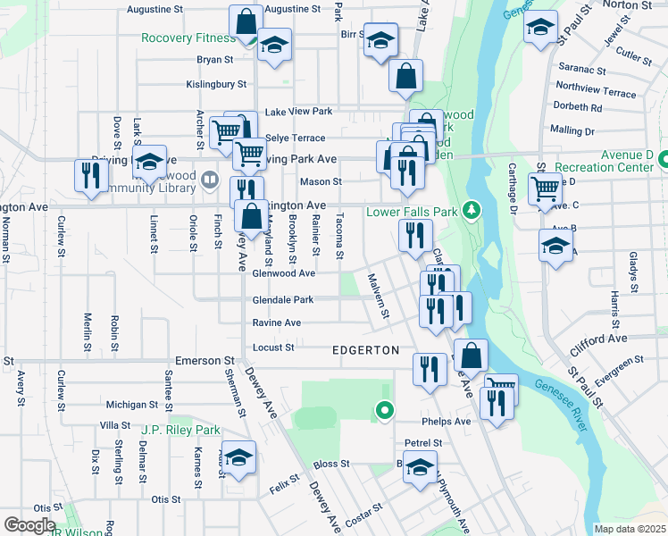 map of restaurants, bars, coffee shops, grocery stores, and more near 4 Rainier Street in Rochester