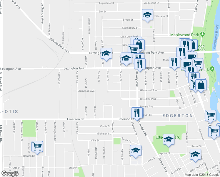 map of restaurants, bars, coffee shops, grocery stores, and more near 502 Glenwood Avenue in Rochester