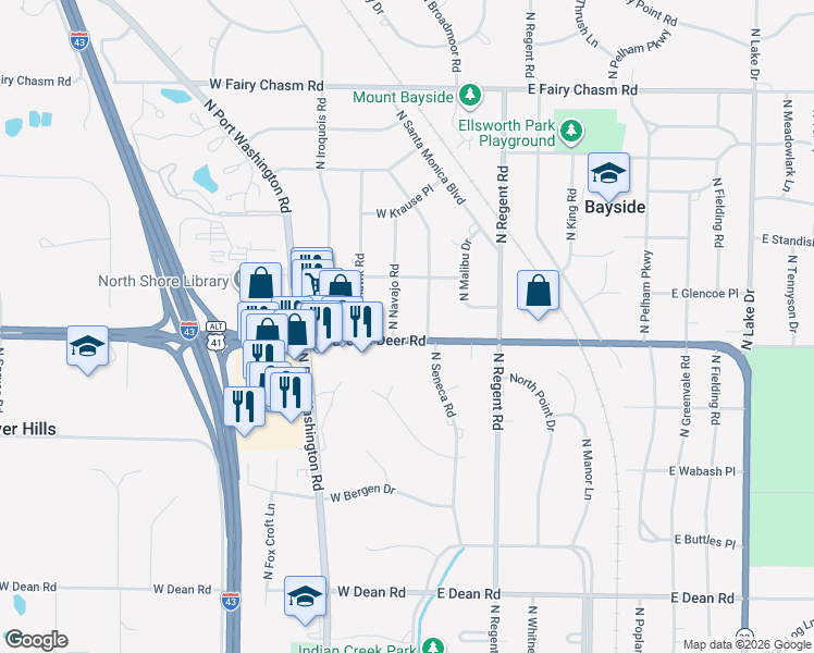 map of restaurants, bars, coffee shops, grocery stores, and more near 8828 North Navajo Road in Bayside