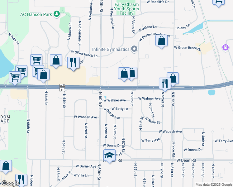 map of restaurants, bars, coffee shops, grocery stores, and more near 5901 West Brown Deer Road in Brown Deer