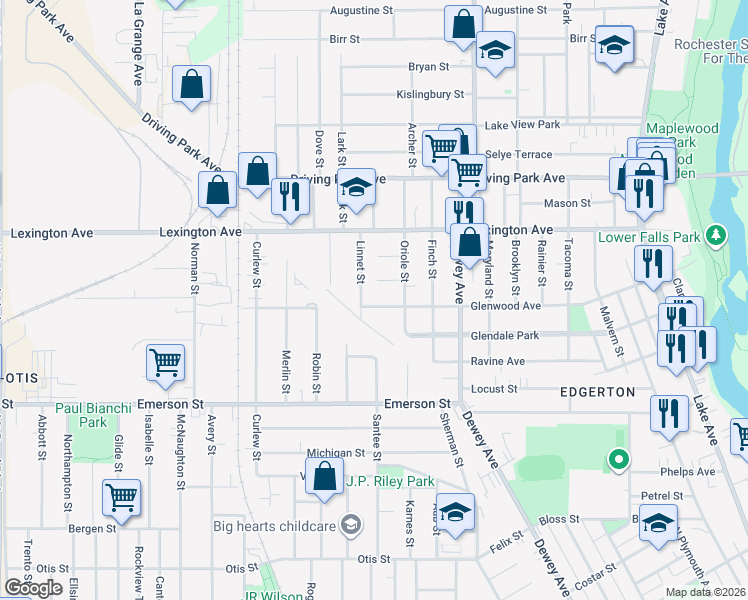 map of restaurants, bars, coffee shops, grocery stores, and more near 39 Admiral Park in Rochester
