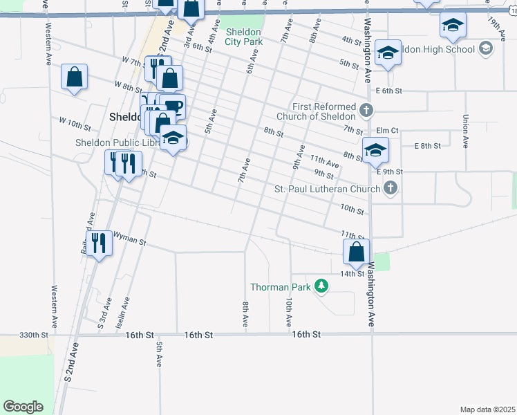 map of restaurants, bars, coffee shops, grocery stores, and more near 1100 8th Avenue in Sheldon