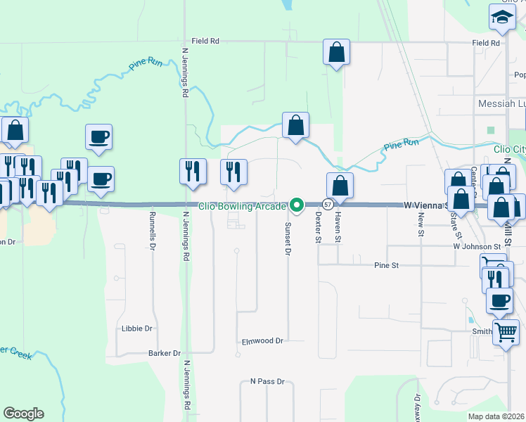 map of restaurants, bars, coffee shops, grocery stores, and more near 11520 Colonial Woods Drive in Clio
