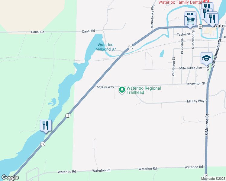 map of restaurants, bars, coffee shops, grocery stores, and more near 673 Fox Lane in Waterloo