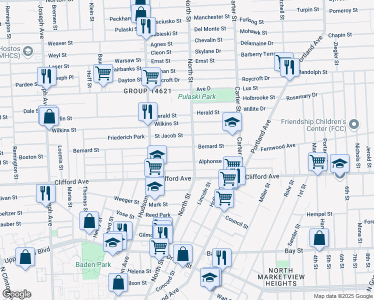map of restaurants, bars, coffee shops, grocery stores, and more near 357 Bernard Street in Rochester