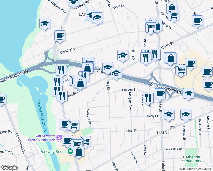 map of restaurants, bars, coffee shops, grocery stores, and more near 139 Haig Street in St. Catharines