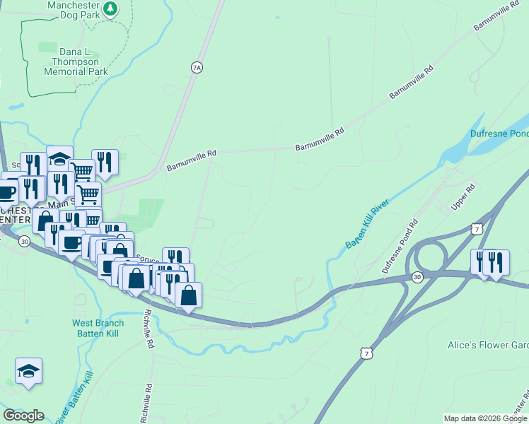map of restaurants, bars, coffee shops, grocery stores, and more near 265 Hemlock Ridge Road in Manchester