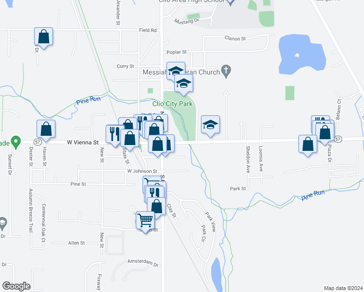 map of restaurants, bars, coffee shops, grocery stores, and more near 134 East Vienna Street in Clio