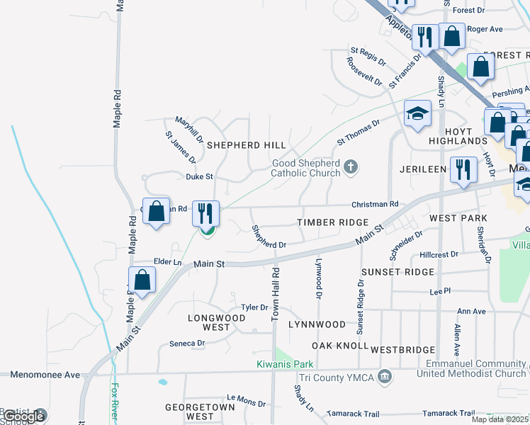 map of restaurants, bars, coffee shops, grocery stores, and more near N88W18057 Christman Road in Menomonee Falls
