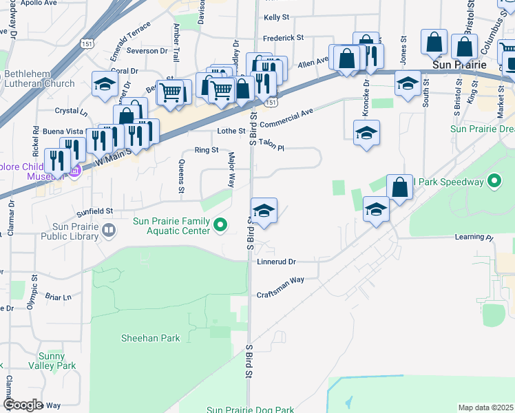 map of restaurants, bars, coffee shops, grocery stores, and more near 415 South Bird Street in Sun Prairie