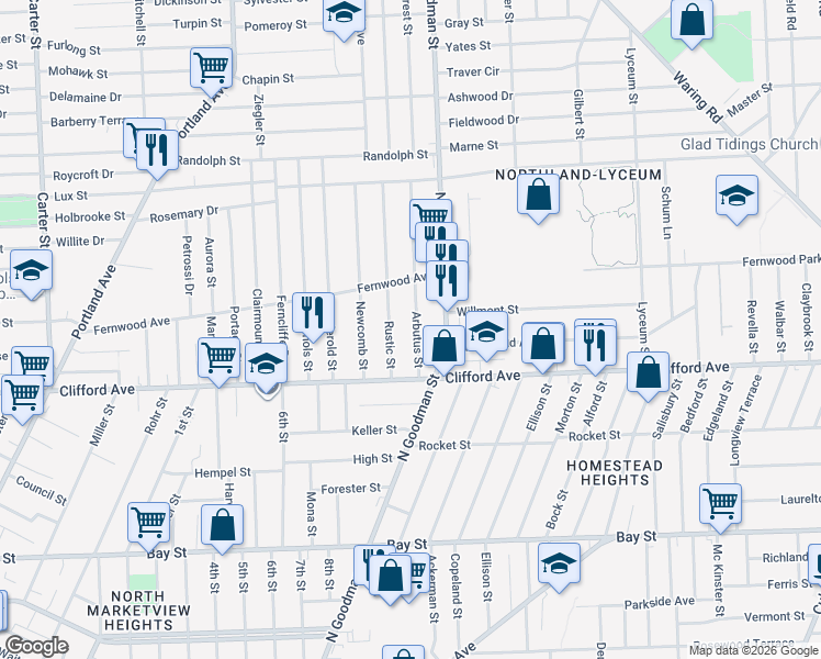 map of restaurants, bars, coffee shops, grocery stores, and more near 75 Arbutus Street in Rochester