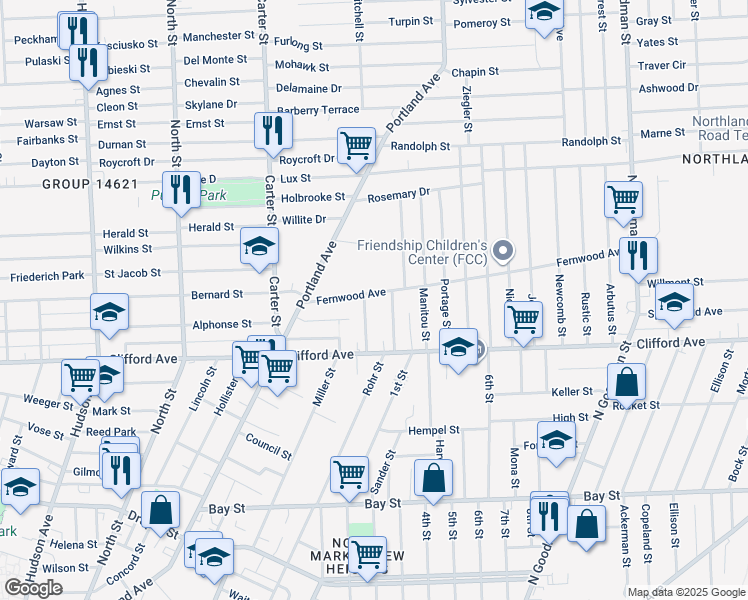 map of restaurants, bars, coffee shops, grocery stores, and more near 99 Fernwood Avenue in Rochester