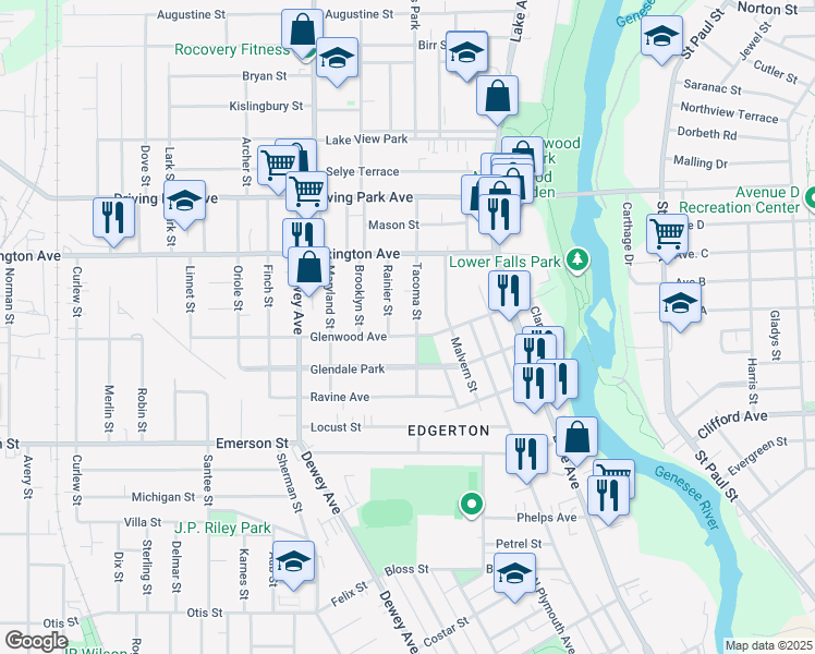 map of restaurants, bars, coffee shops, grocery stores, and more near 4 Rainier Street in Rochester