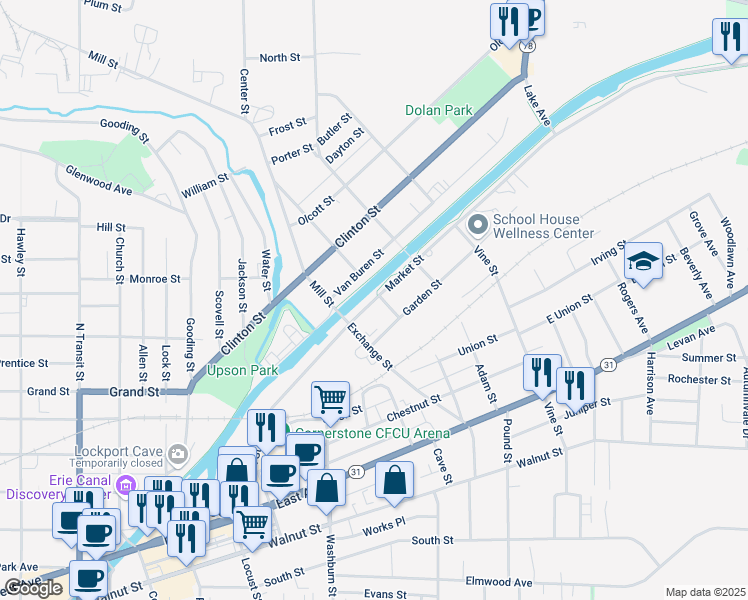 map of restaurants, bars, coffee shops, grocery stores, and more near 319 Market Street in Lockport