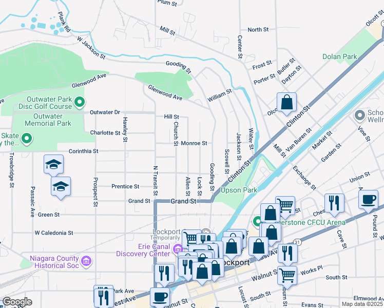 map of restaurants, bars, coffee shops, grocery stores, and more near 115 Allen Street in Lockport