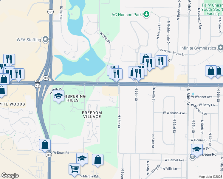 map of restaurants, bars, coffee shops, grocery stores, and more near 6913 West Brown Deer Road in Milwaukee