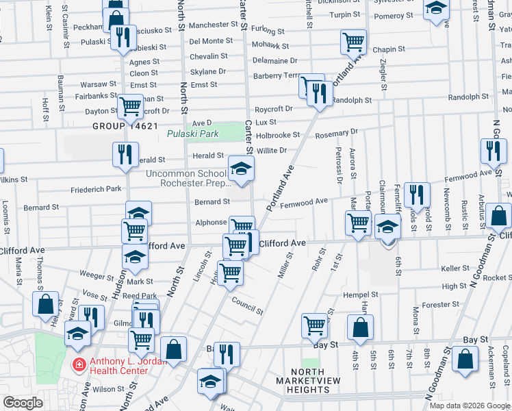 map of restaurants, bars, coffee shops, grocery stores, and more near 72 Carter Street in Rochester