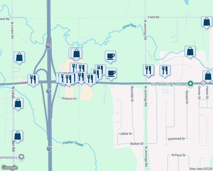 map of restaurants, bars, coffee shops, grocery stores, and more near 4153 Nichols Drive in Clio