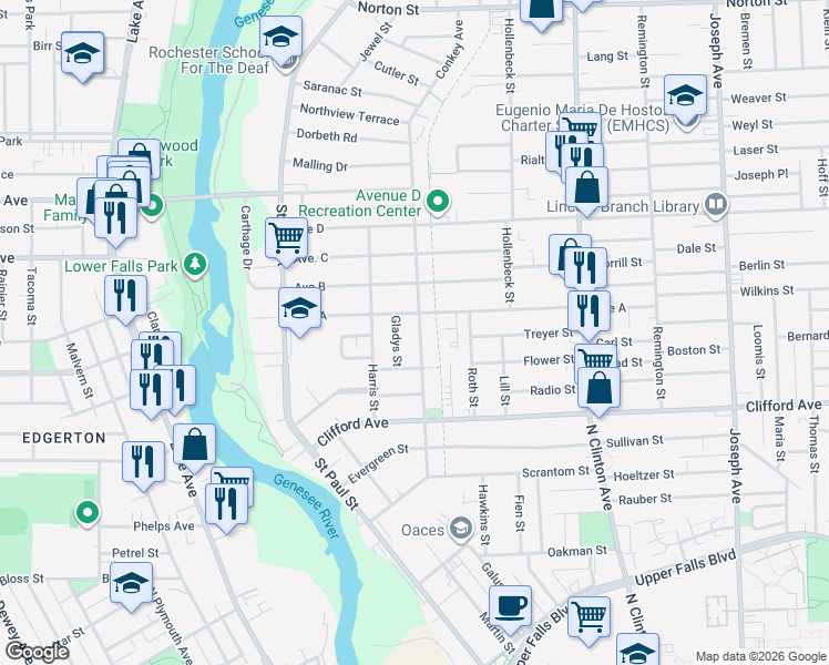 map of restaurants, bars, coffee shops, grocery stores, and more near 24 Gladys Street in Rochester