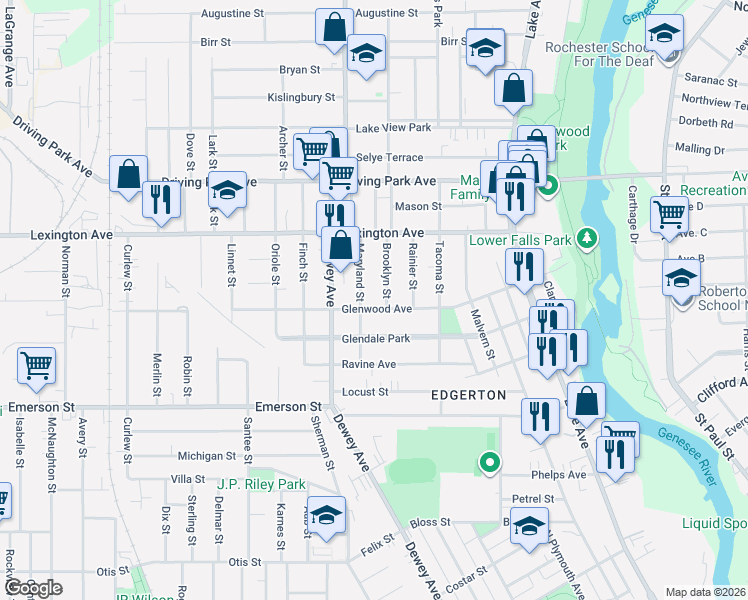 map of restaurants, bars, coffee shops, grocery stores, and more near 6 Brooklyn Street in Rochester