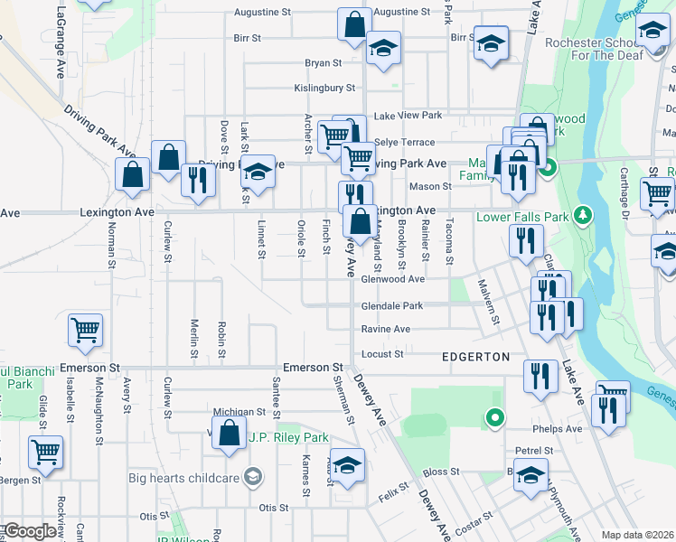 map of restaurants, bars, coffee shops, grocery stores, and more near 677 Dewey Avenue in Rochester
